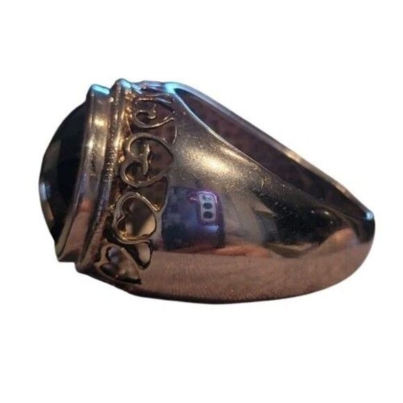 925 Sterling Silver 2-Tone Ring Large Faceted Smoky Topaz Gold Plated hearts 8 - Picture 8 of 14